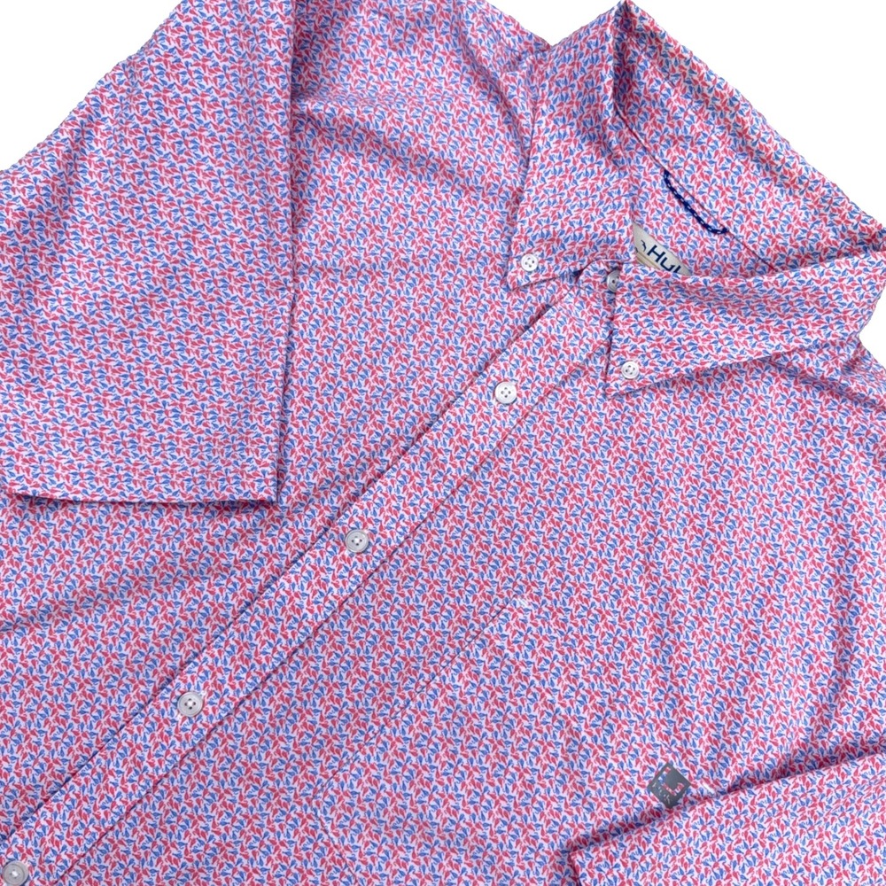 Huk Shirt Men 3XL Red Blue Performance Fishing Lure Print Wicking Pocket Adult